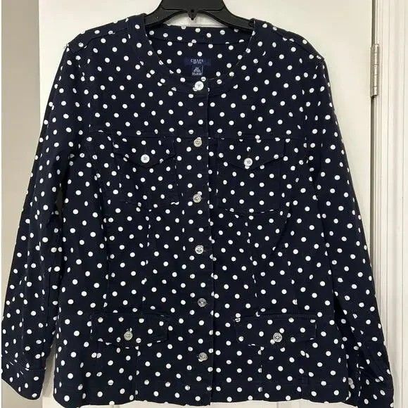 Chaps Navy Blue White Polka Dot Flat Collar Cotton Stretch Denim Jacket Size 2X - Picture 4 of 12